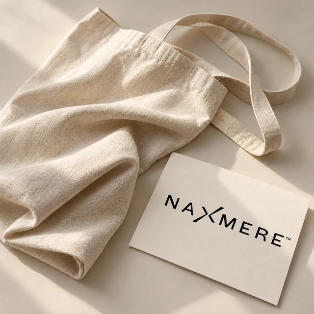 Illustrative folded cotton tote beside a NAXMERE styling card.
