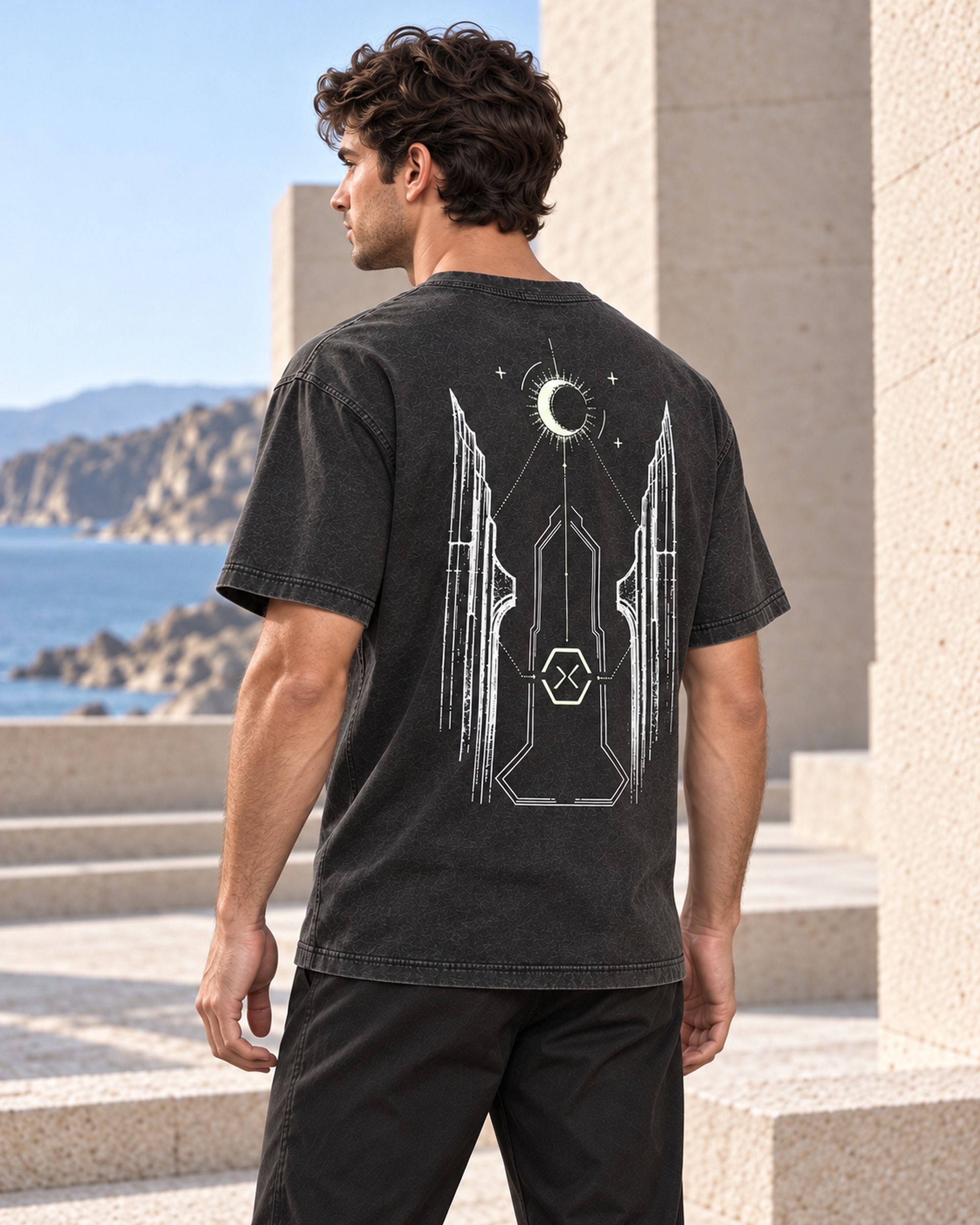 Three-quarter back view of NOCTURNE 01 showing the silhouette and architectural artwork.