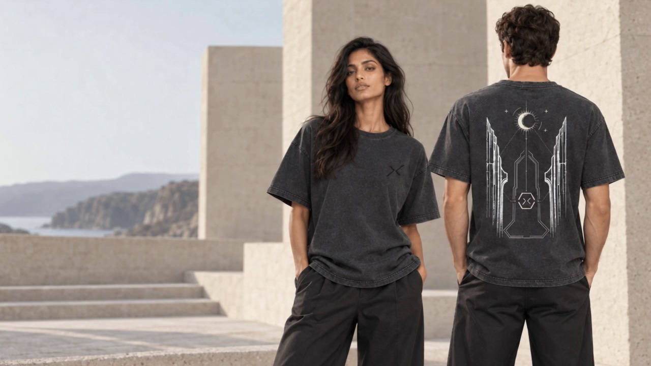 Two adult wearers showing the front and back of NOCTURNE 01 in daylight