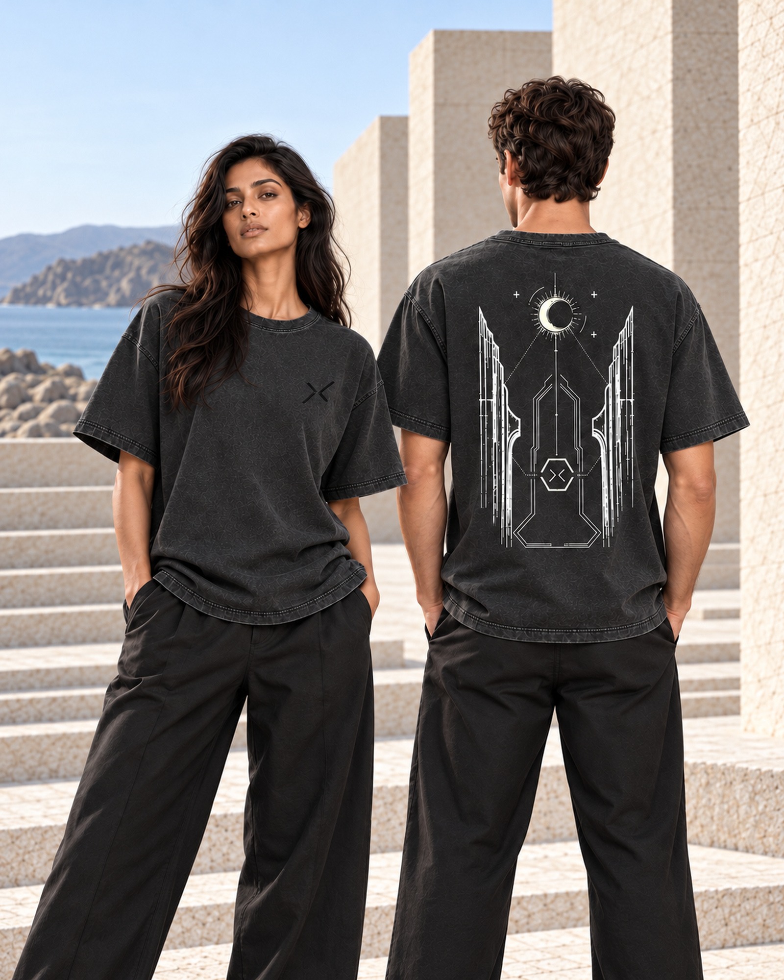 Two adult wearers showing the front and back of NOCTURNE 01 beside pale stone architecture in daylight.